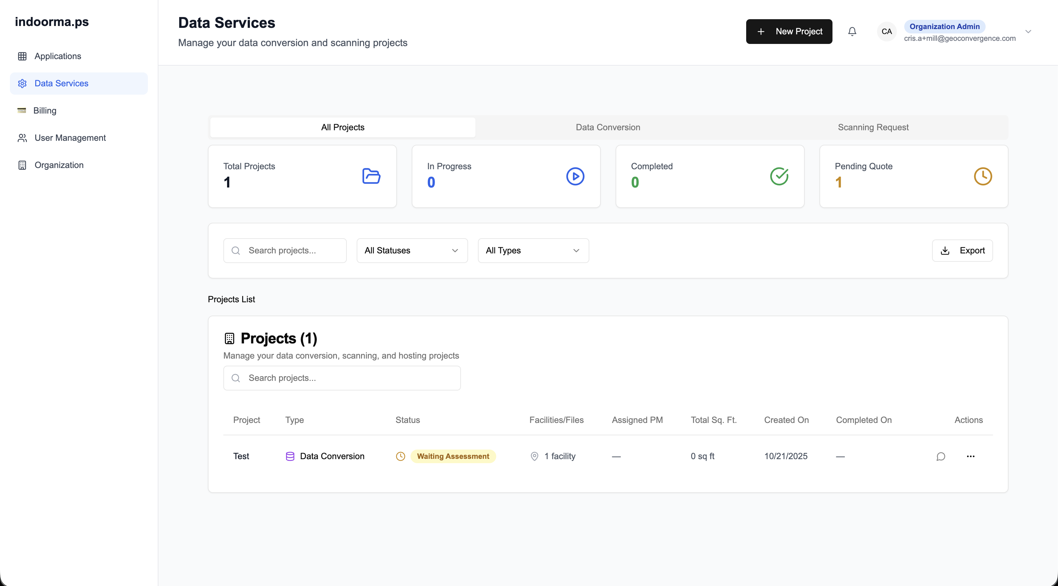 FacilitEase: Data Services dashboard with project statistics and filters