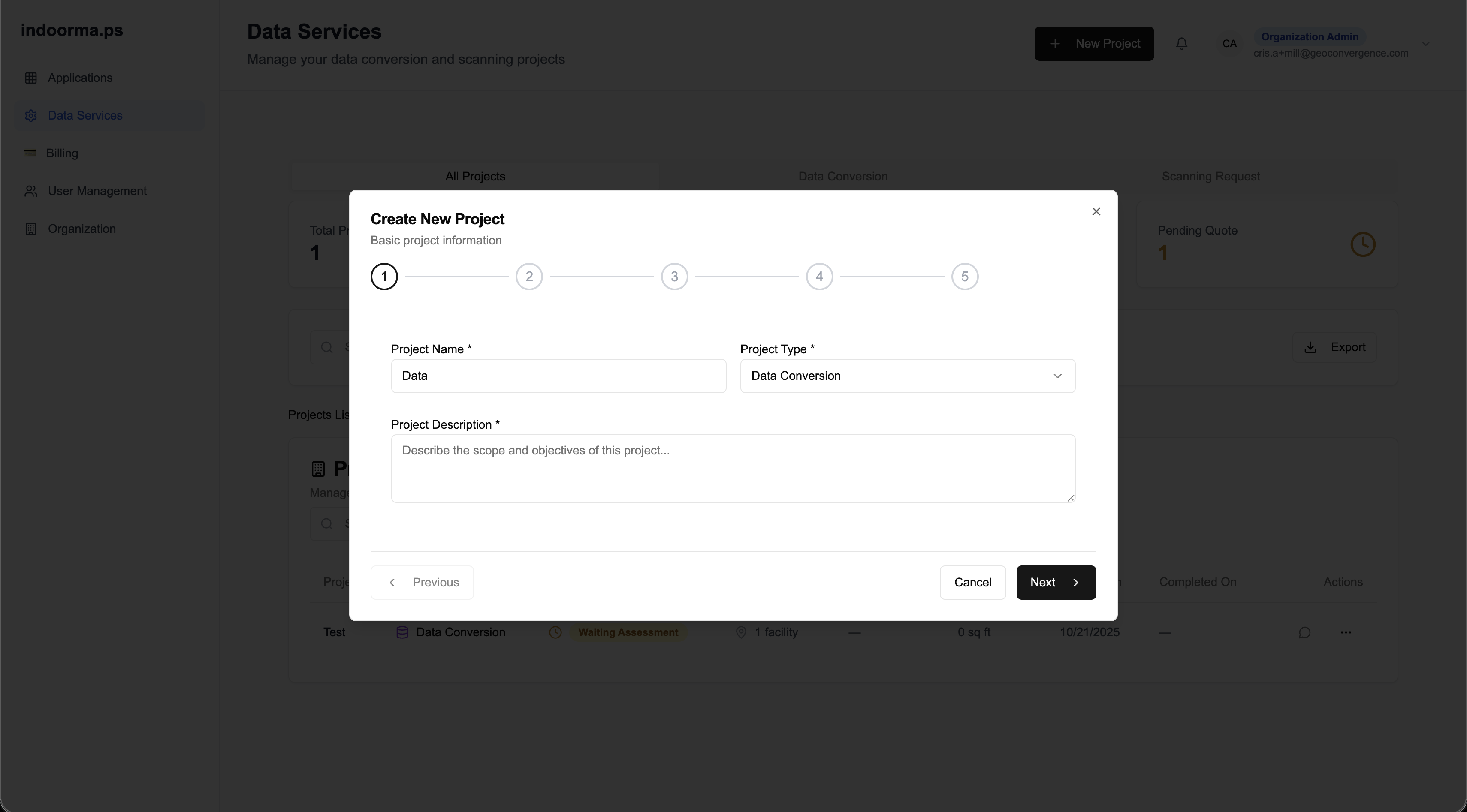 FacilitEase: New project wizard: project name, type and description