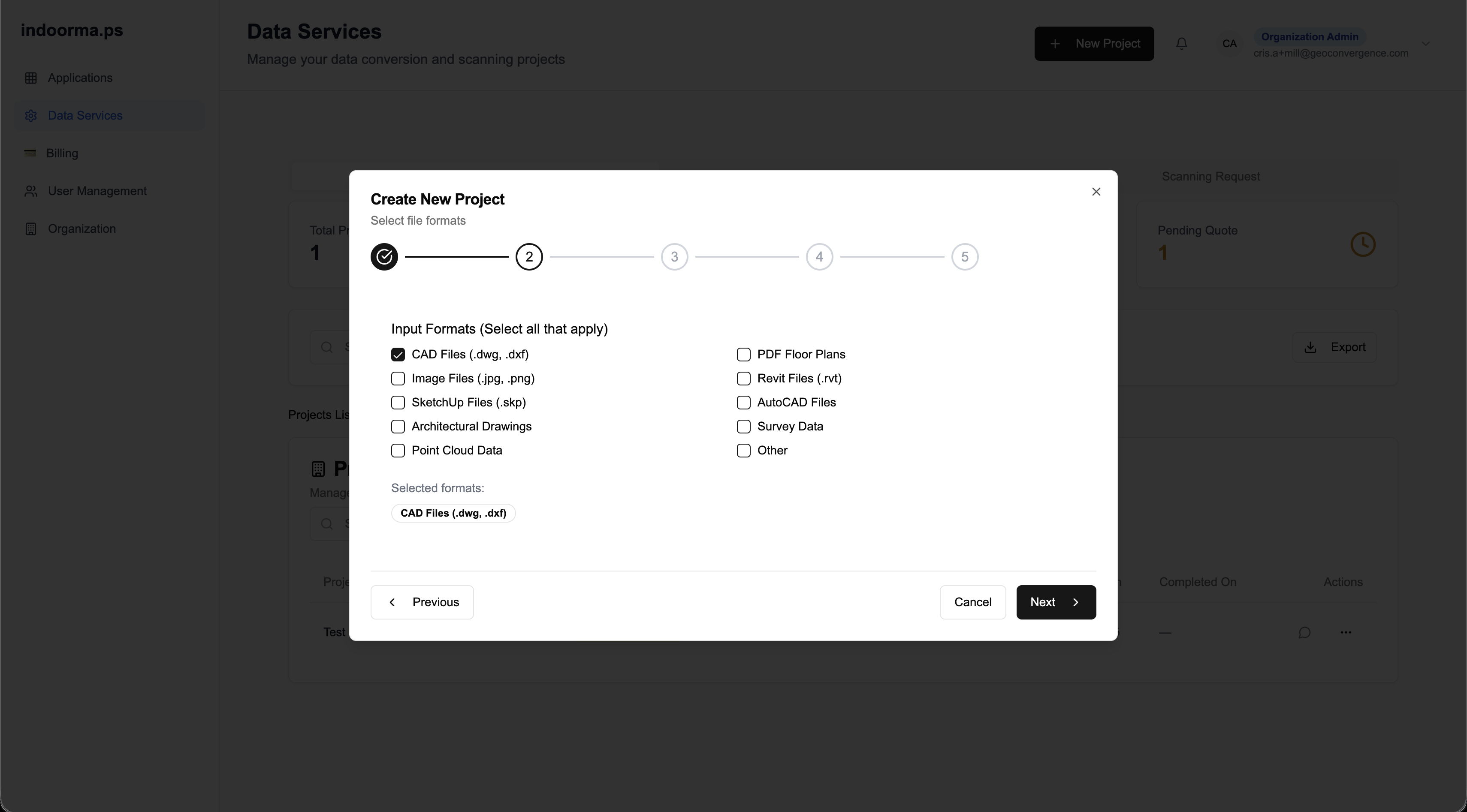 FacilitEase: New project wizard: selecting input formats (CAD, PDF, Revit, point clouds)