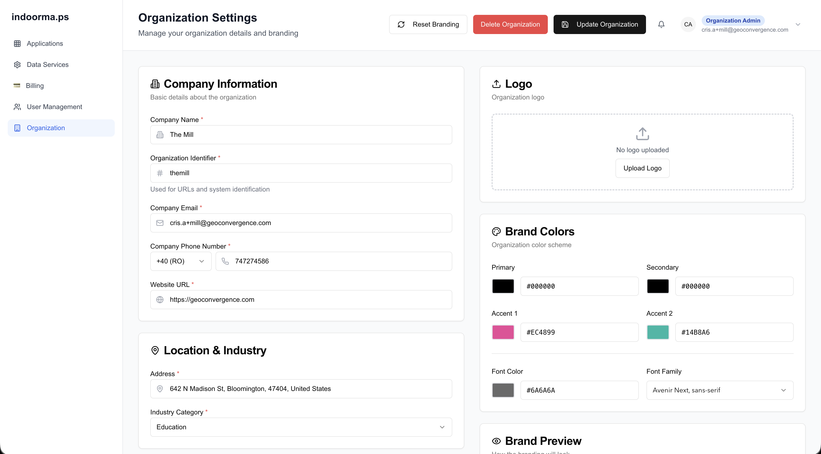 FacilitEase: Organization settings: company details, logo and brand colors