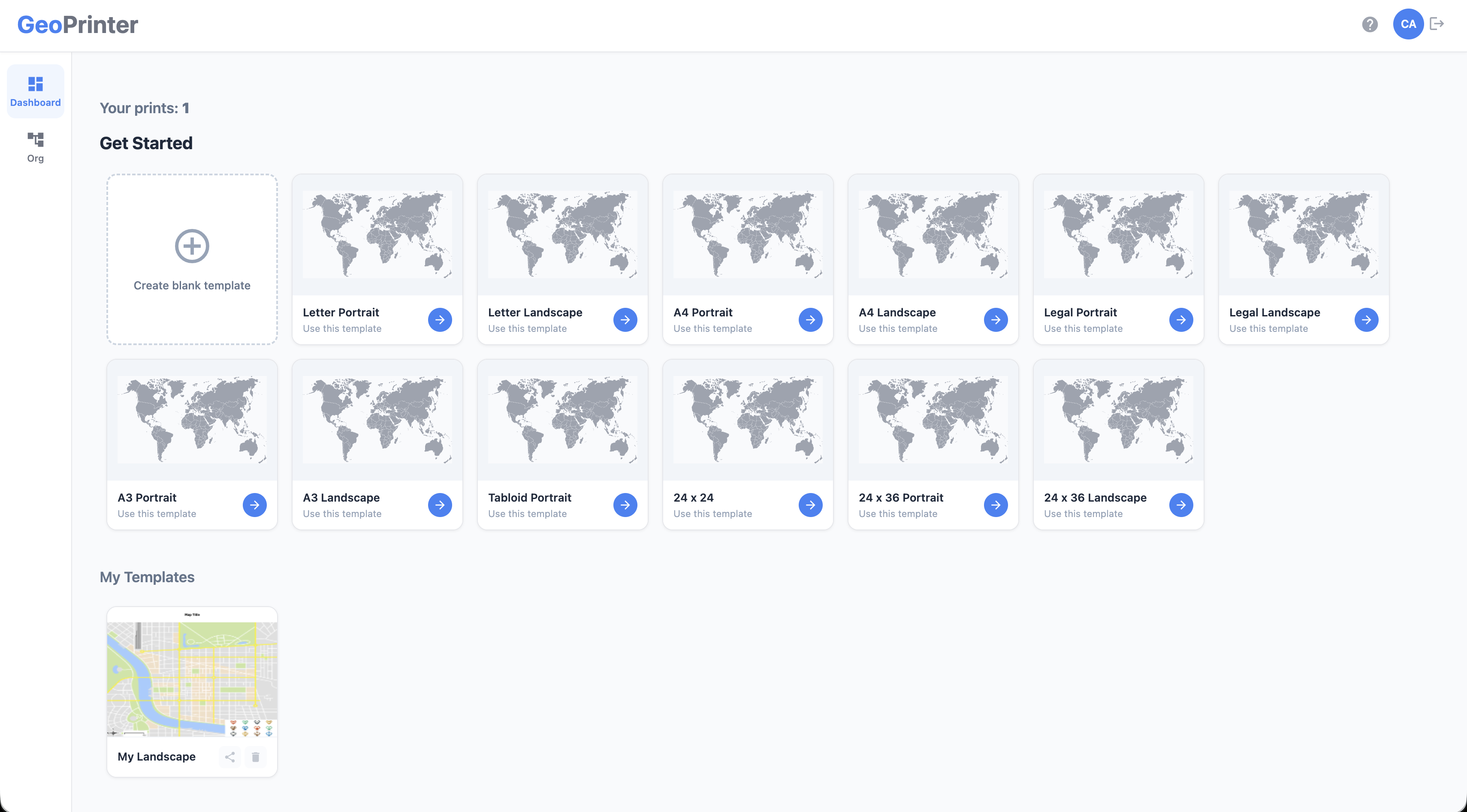 GeoPrinter: Dashboard with ready-made page-size templates and saved templates