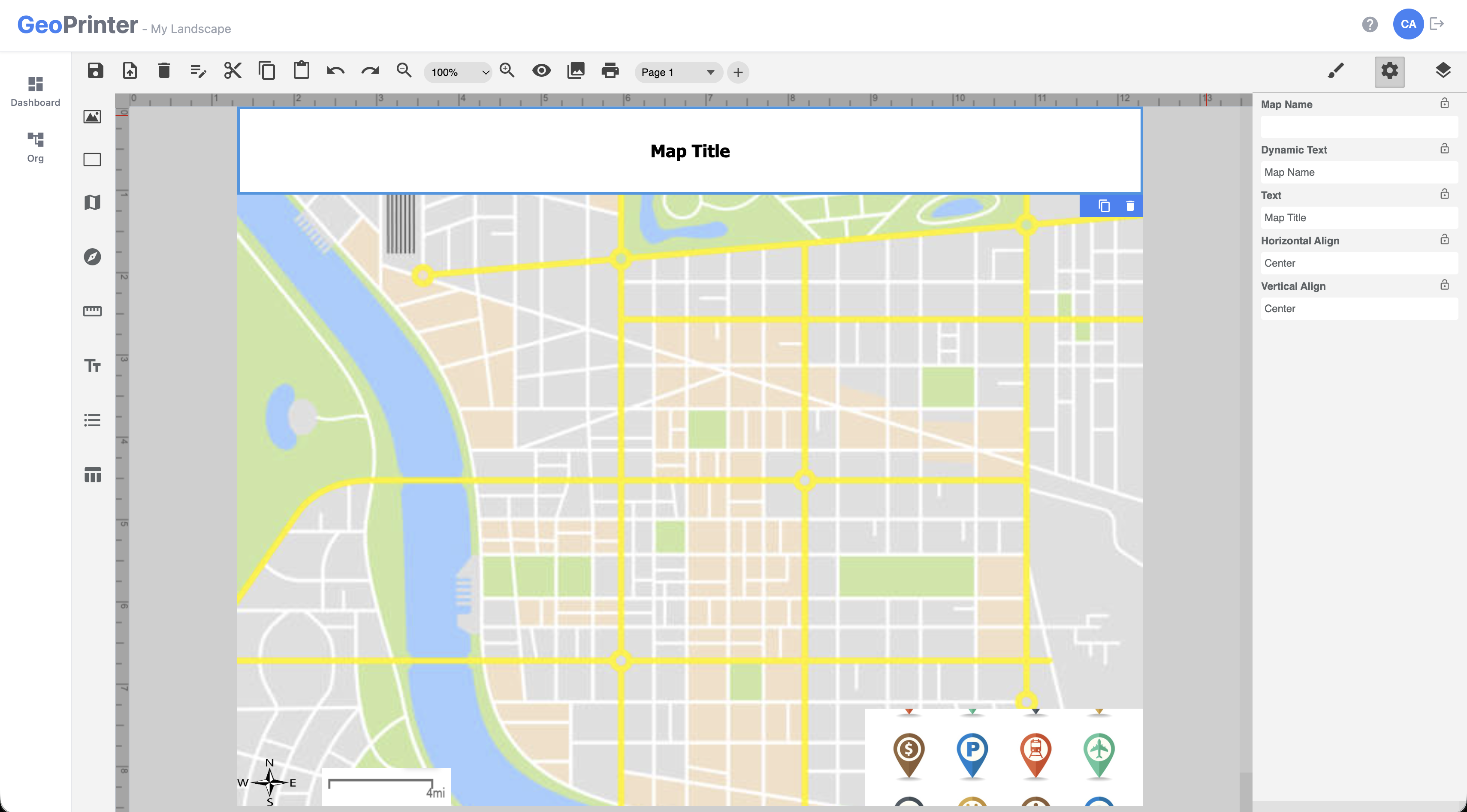 GeoPrinter: Editing a dynamic map title in the properties panel