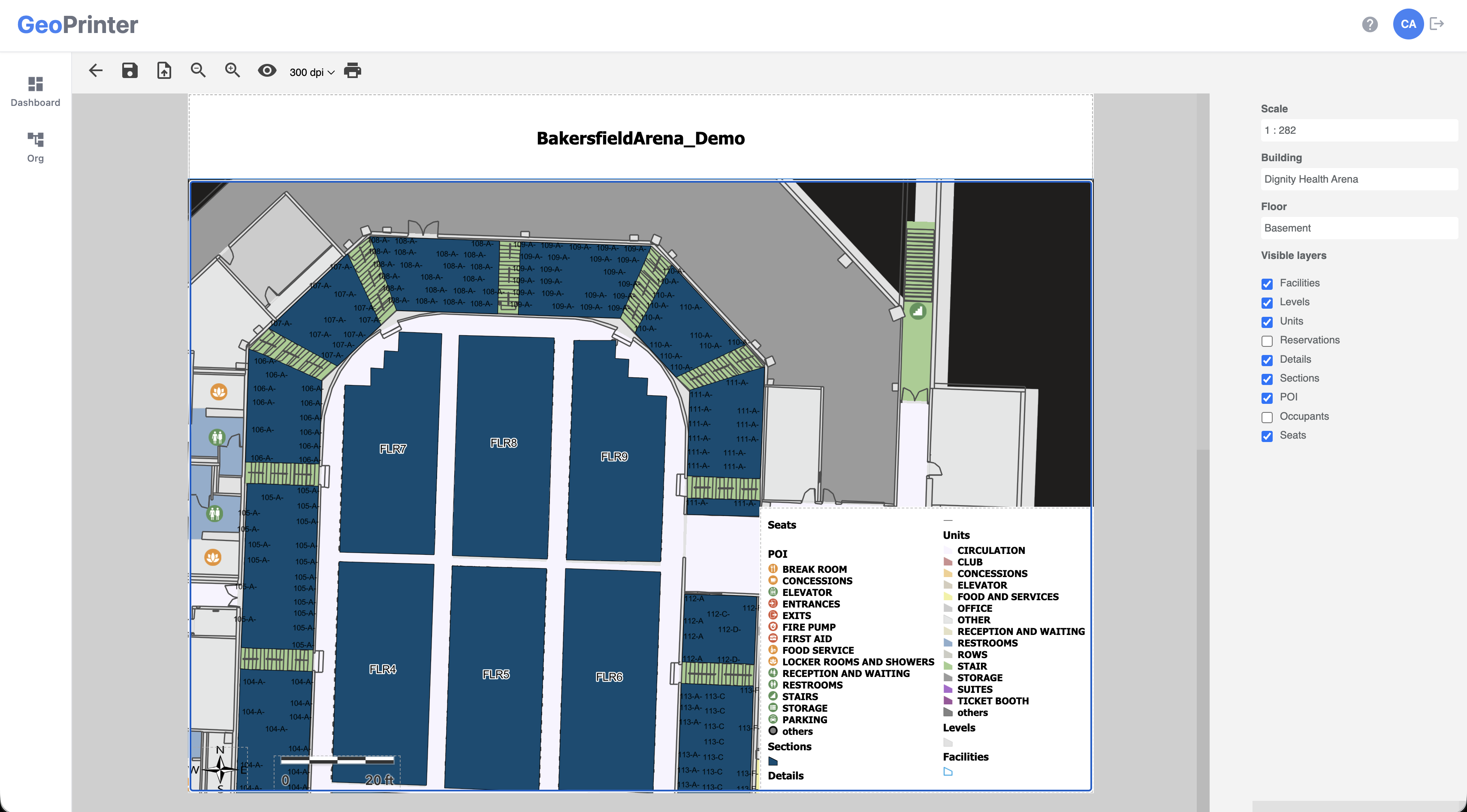 GeoPrinter: Print preview of an indoor floor plan with scale, building, floor and layer controls at 300 dpi