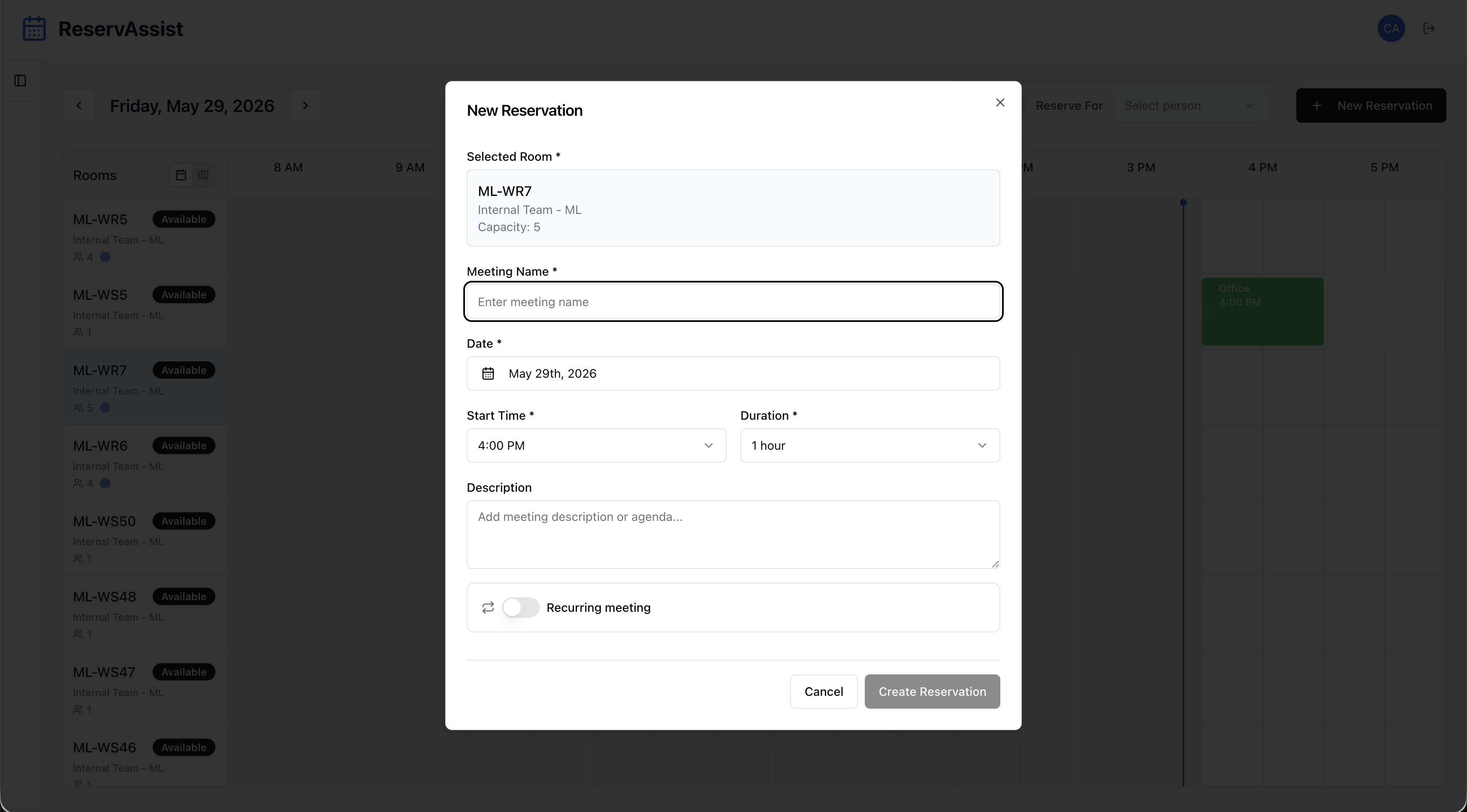 ReservAssist: New reservation dialog with room, date, start time and duration