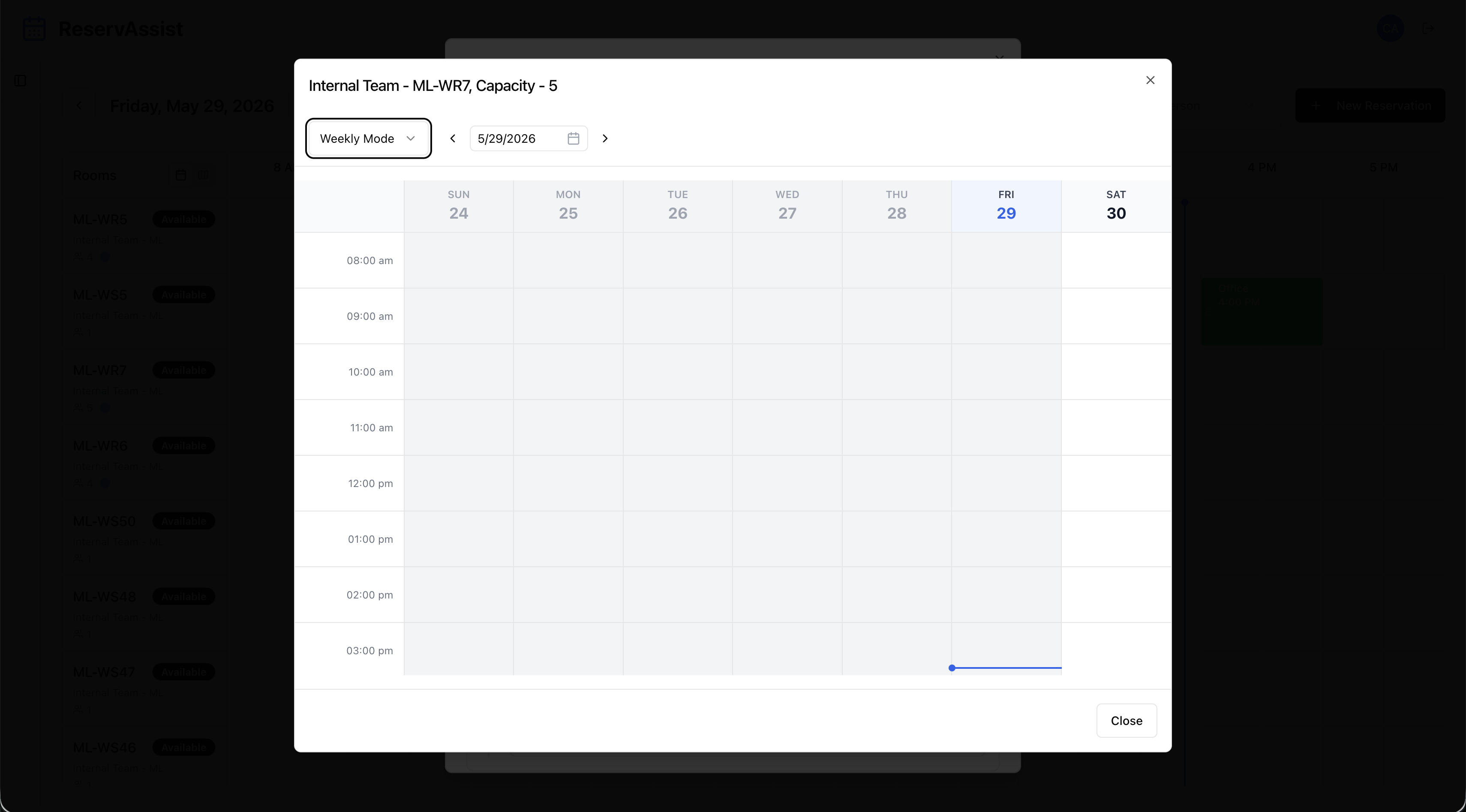 ReservAssist: Weekly schedule for a single room