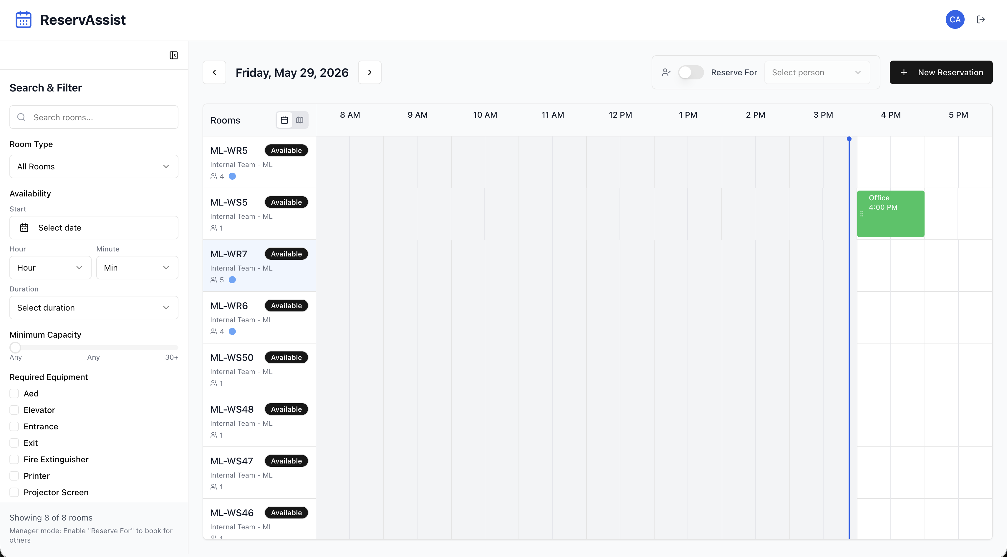 ReservAssist: Search and filter panel: room type, availability, capacity and equipment