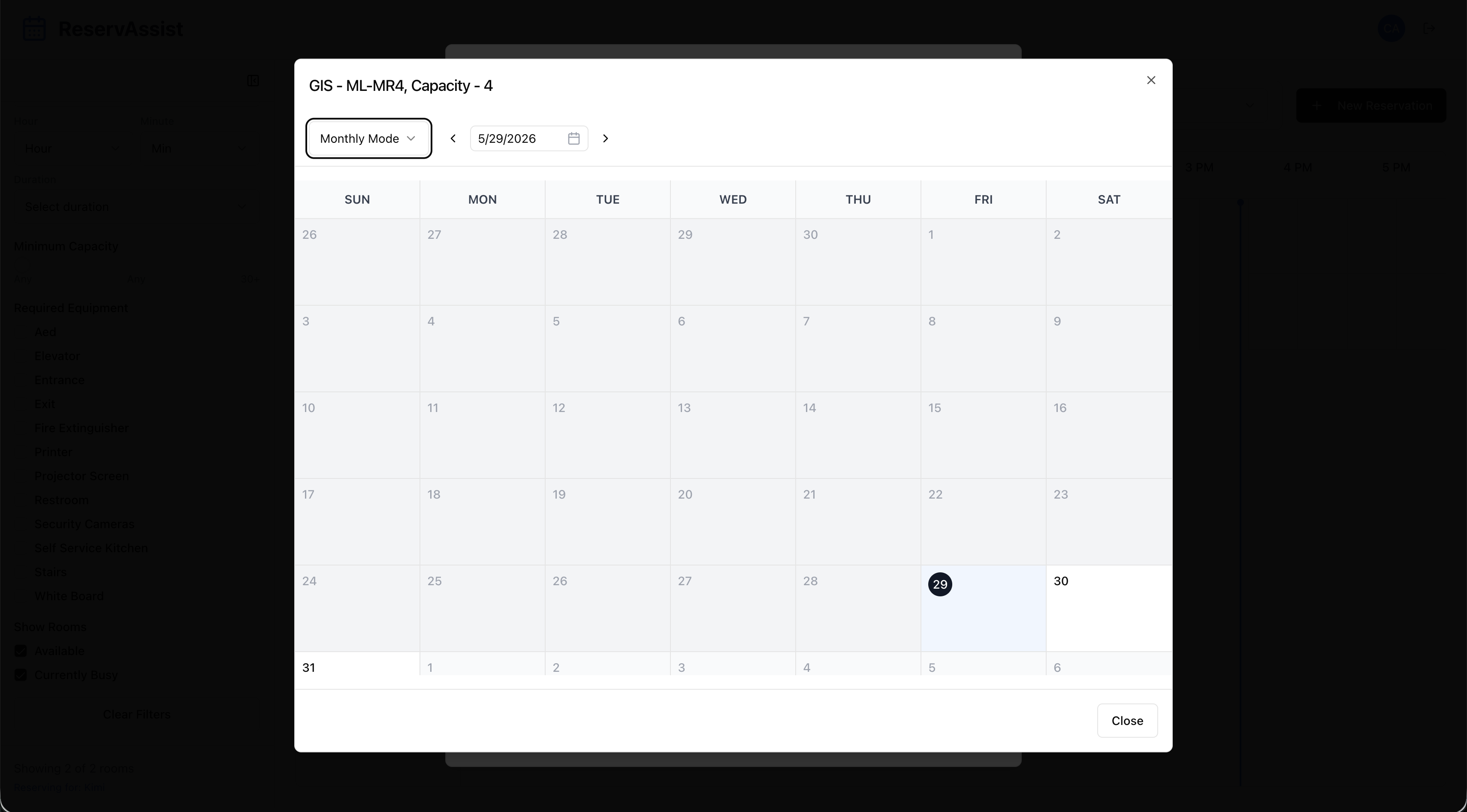 ReservAssist: Monthly schedule for a single room