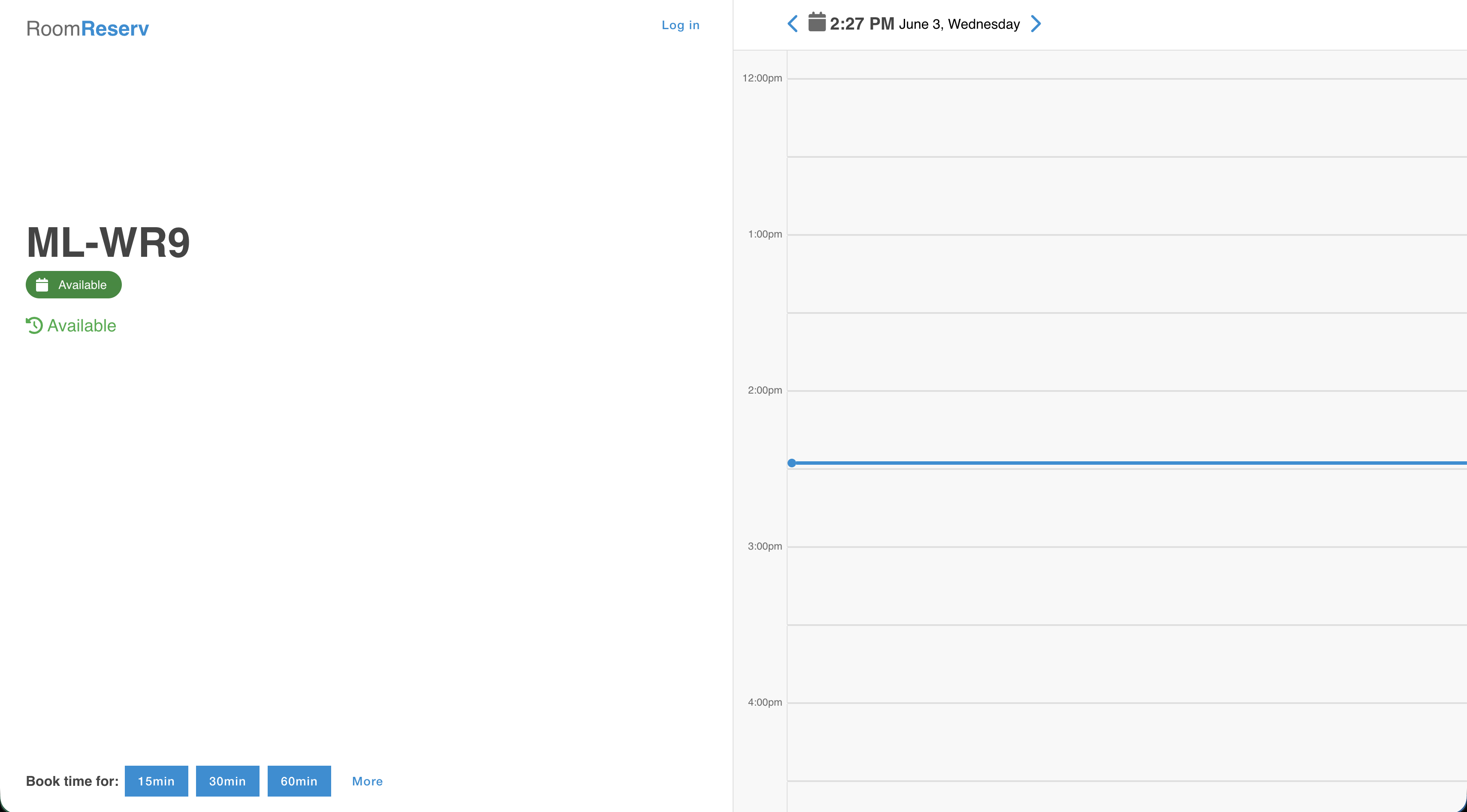 RoomReserv: Room display showing availability and quick-book buttons beside the day timeline
