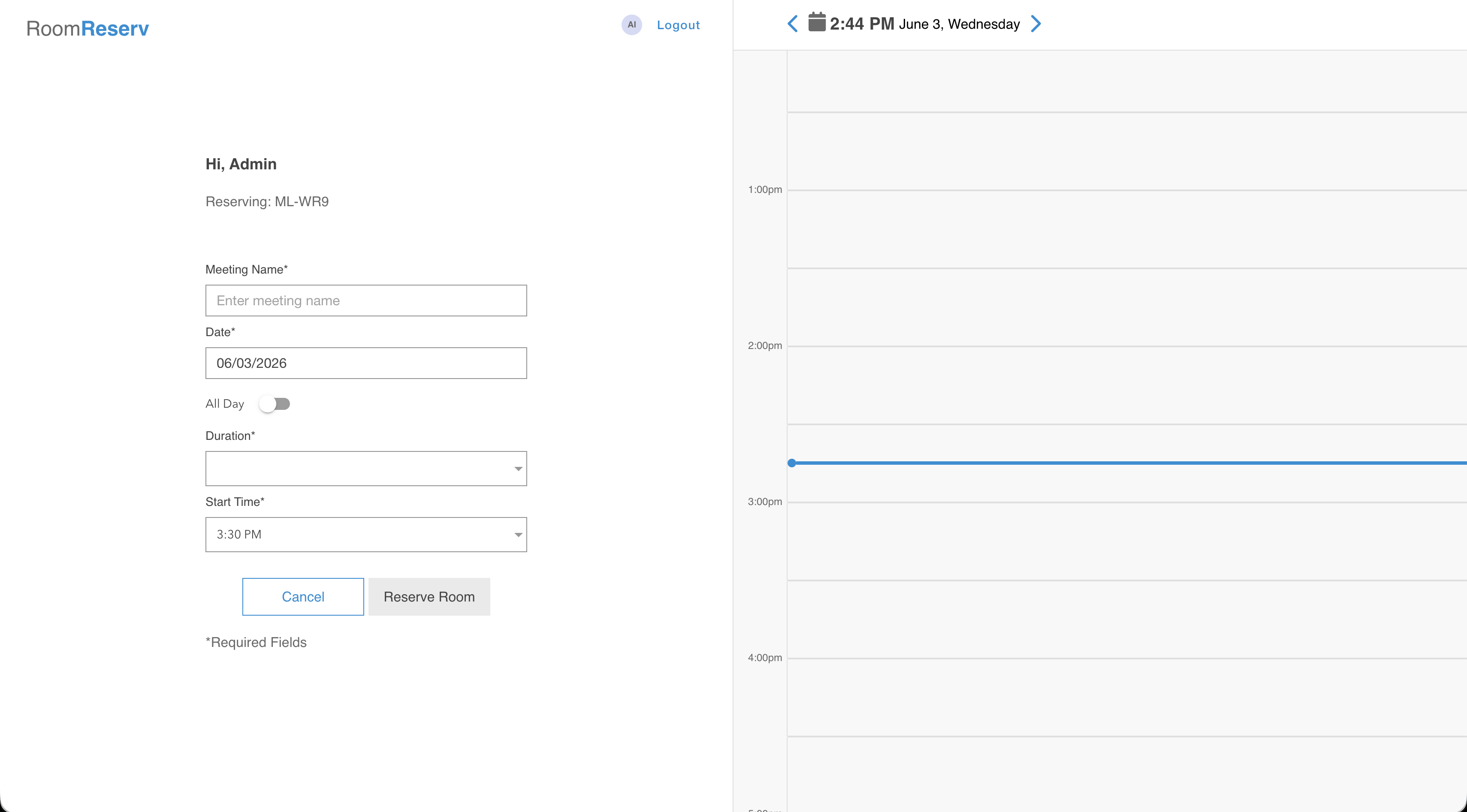 RoomReserv: Reservation form with meeting name, date, duration and start time