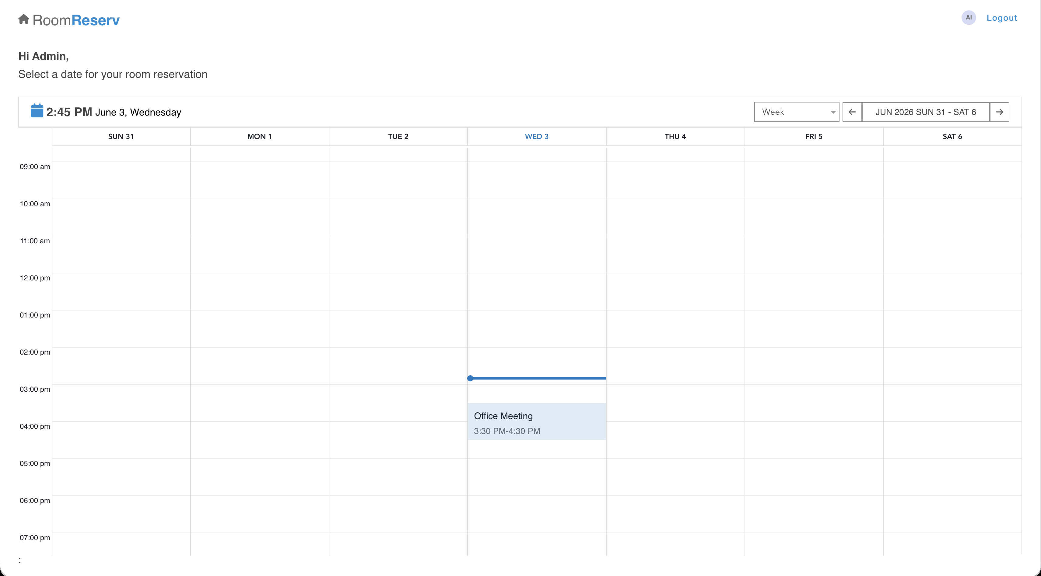RoomReserv: Weekly calendar view with the booked meeting