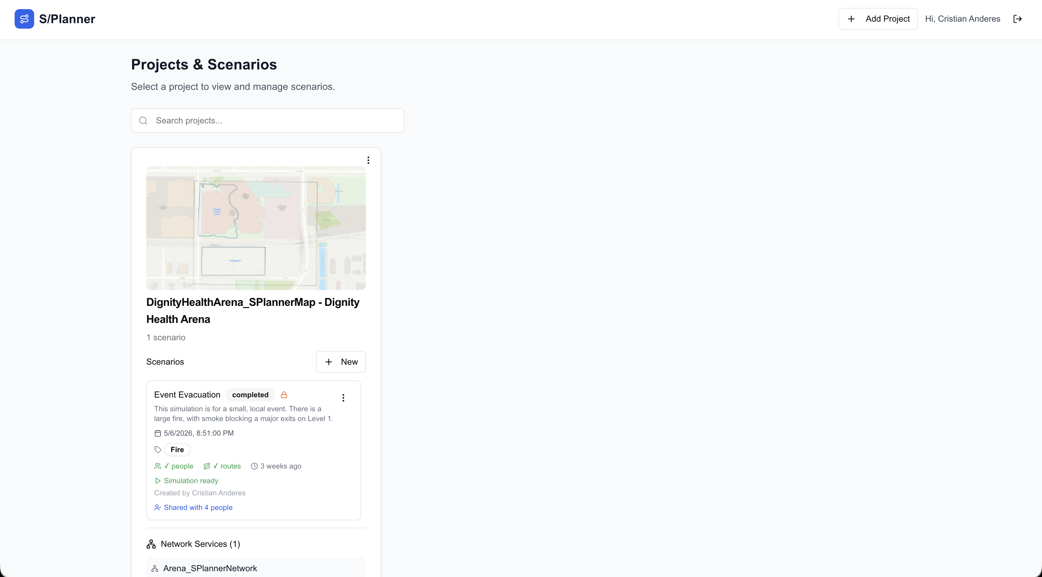 S/Planner: Projects and scenarios dashboard with building thumbnails and scenario status