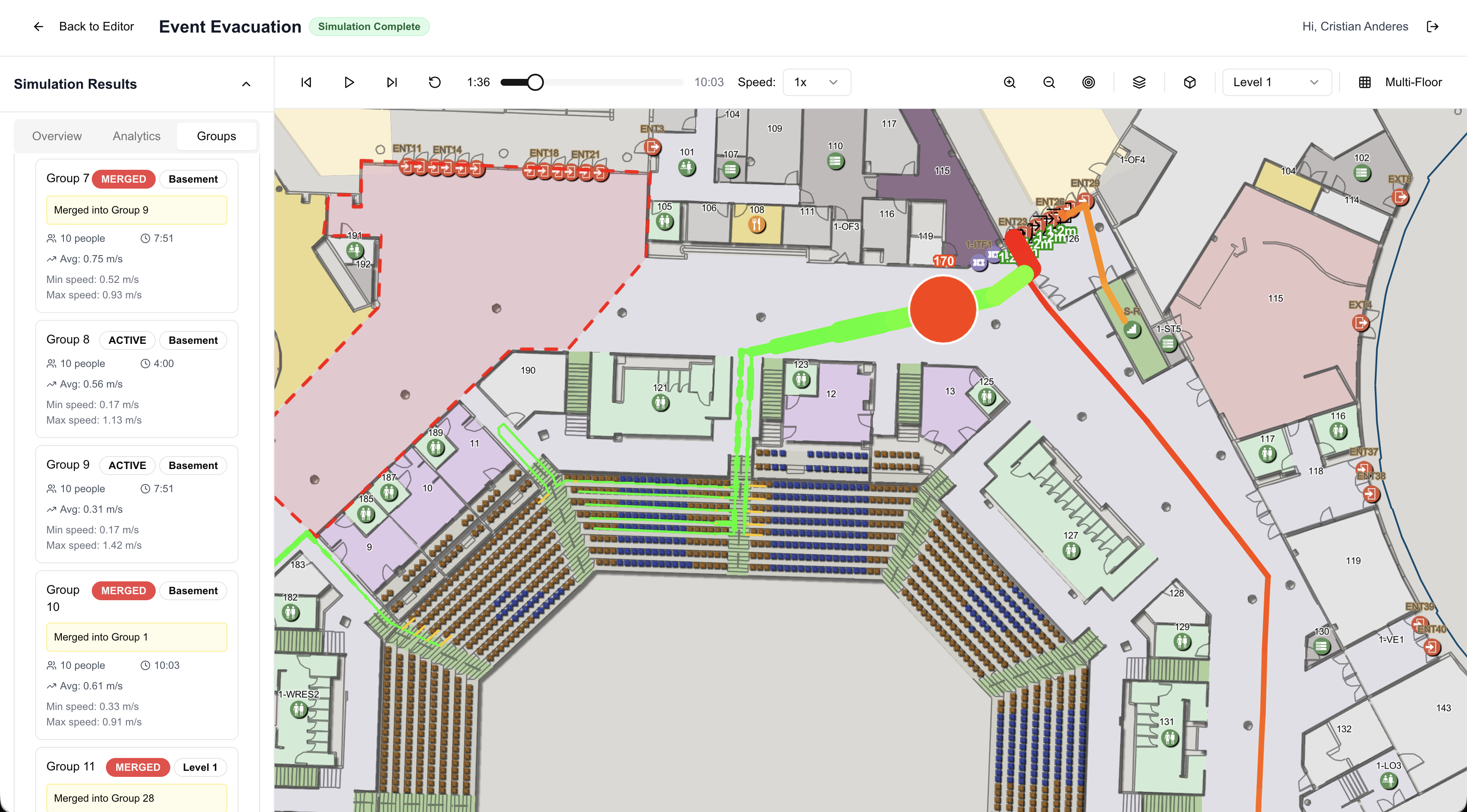 S/Planner: Group list showing active and merged groups during playback