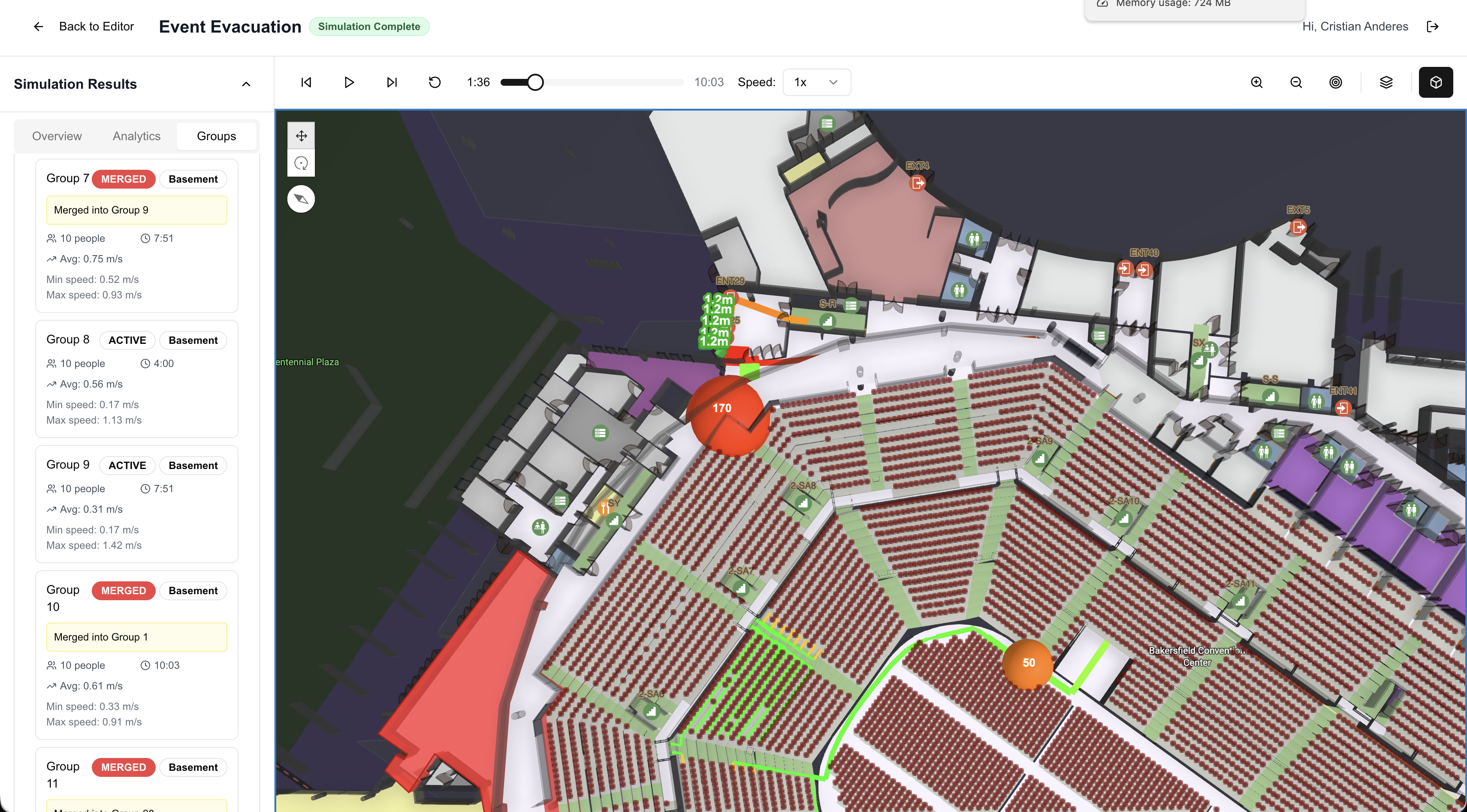 S/Planner: Zoomed 3D view following evacuee groups through the building