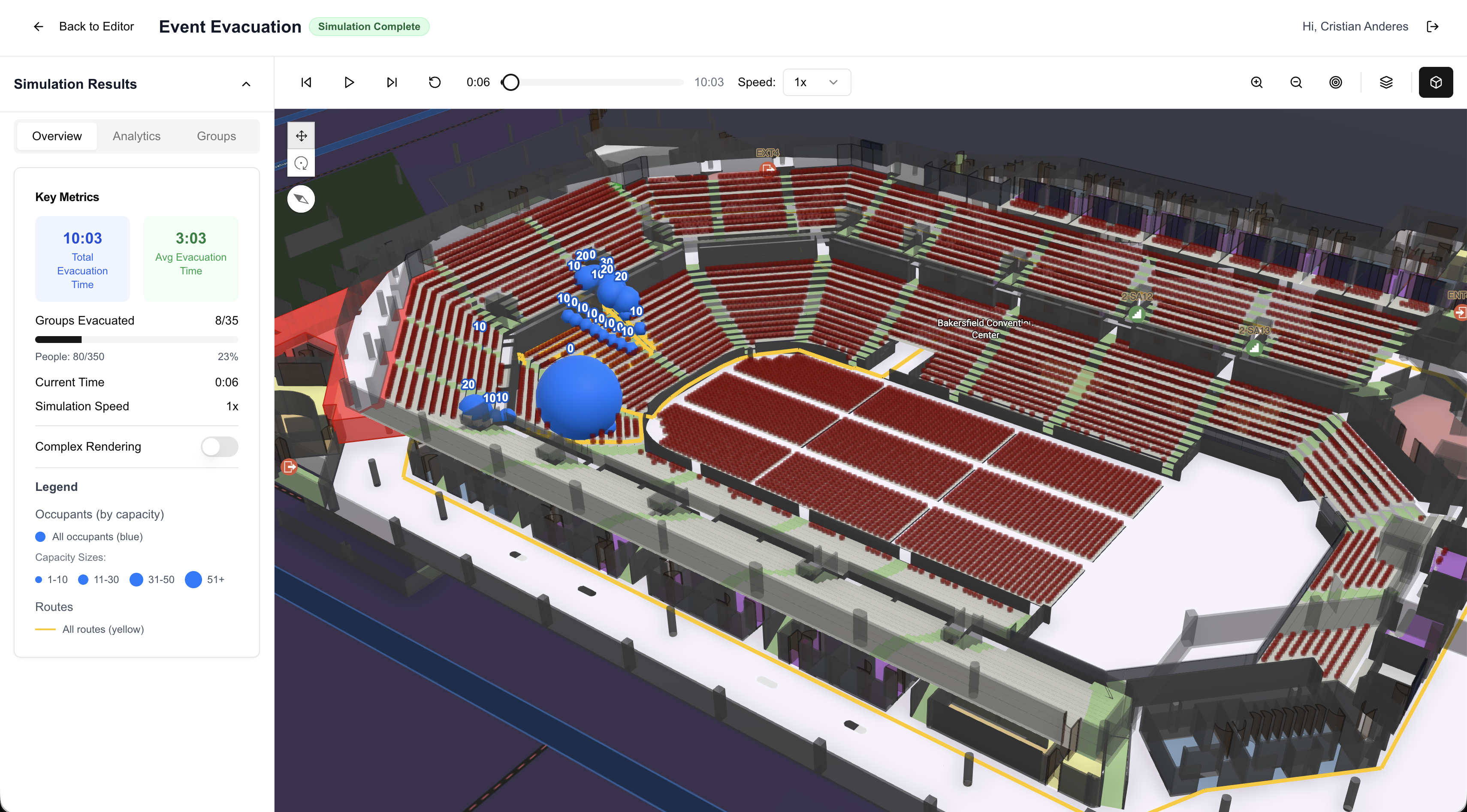S/Planner: 3D simulation overview with evacuee markers sized by group capacity