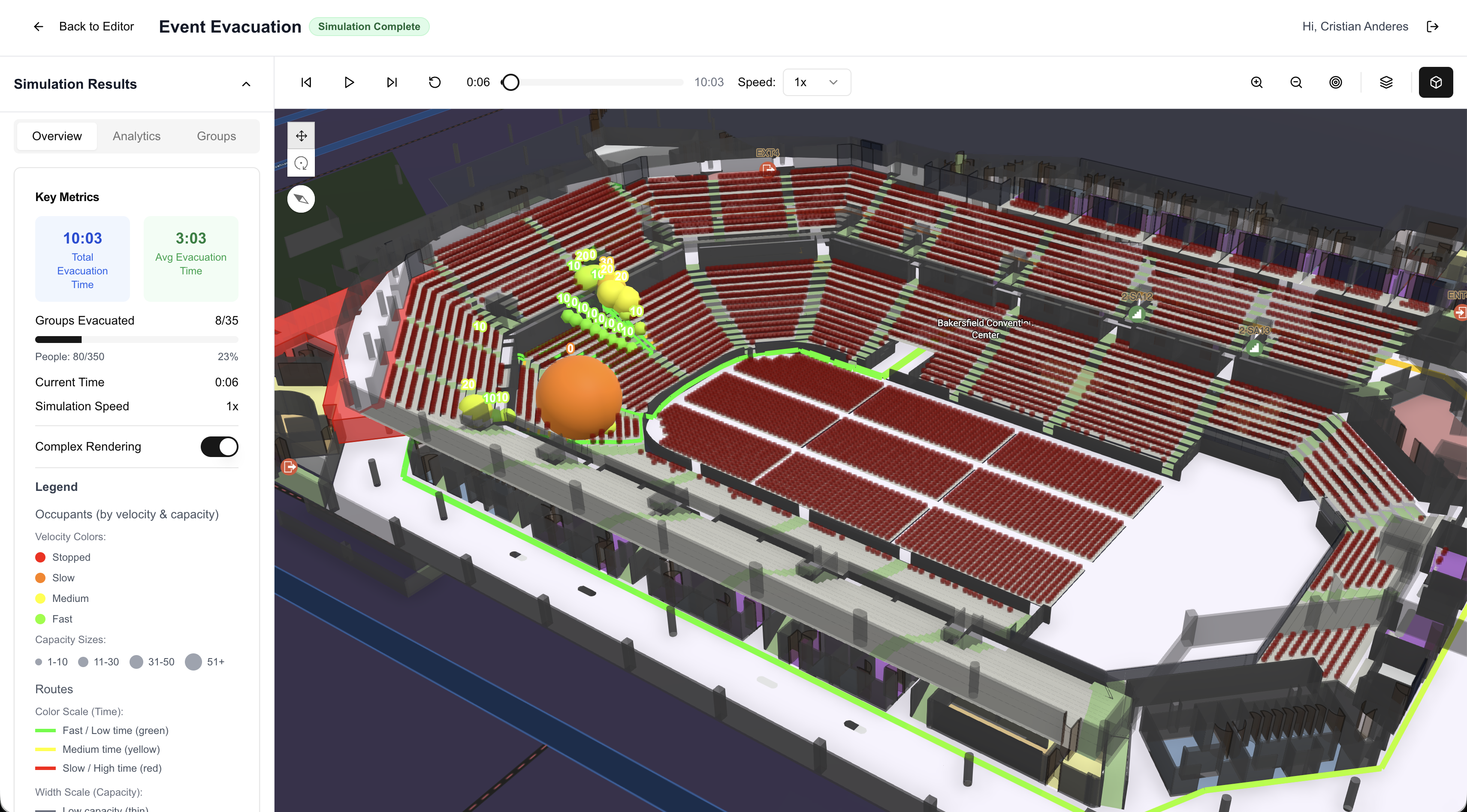 S/Planner: 3D simulation with complex rendering and velocity-colored evacuees