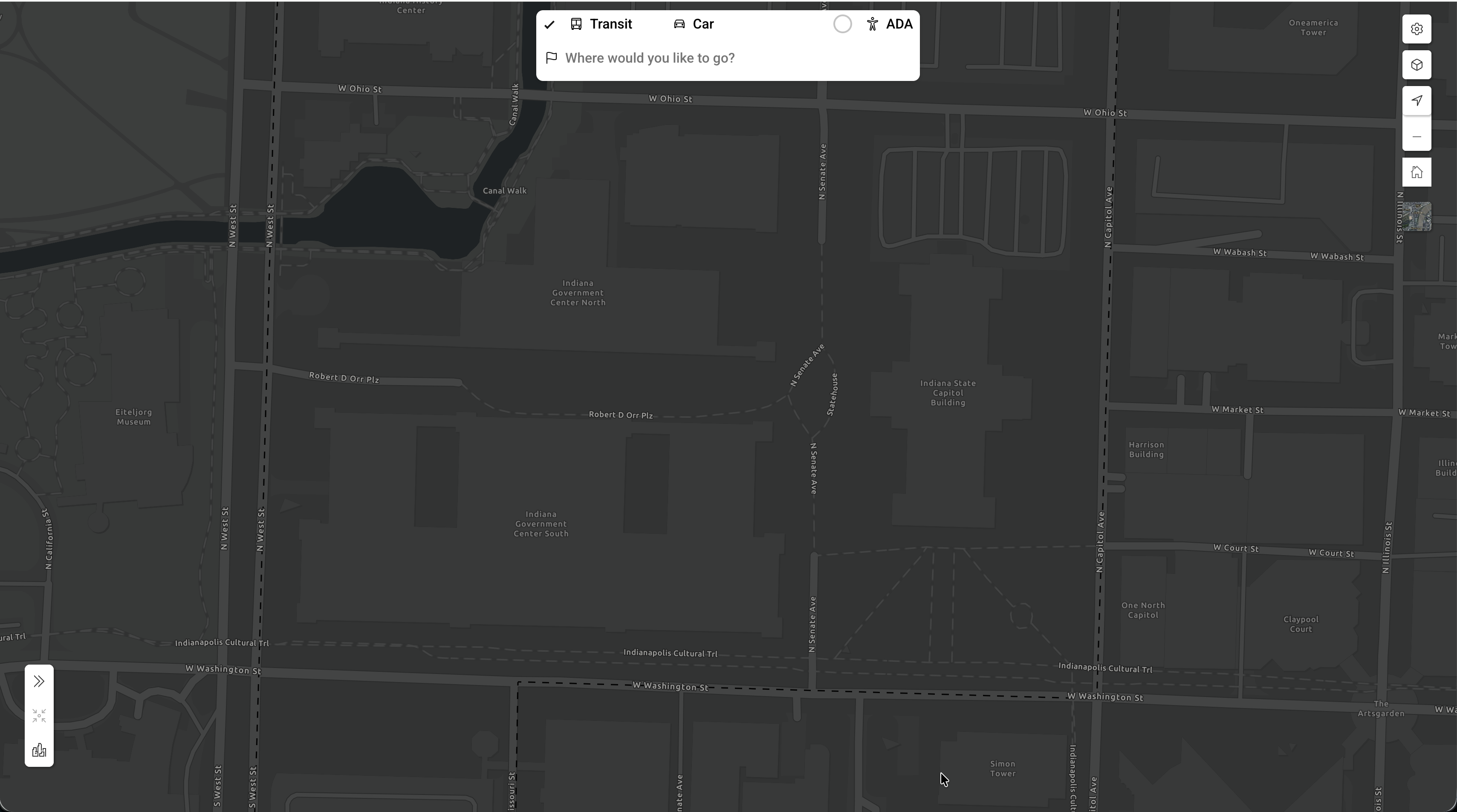 Wayfinder: Wayfinder home map with Transit, Car and ADA travel modes and destination search