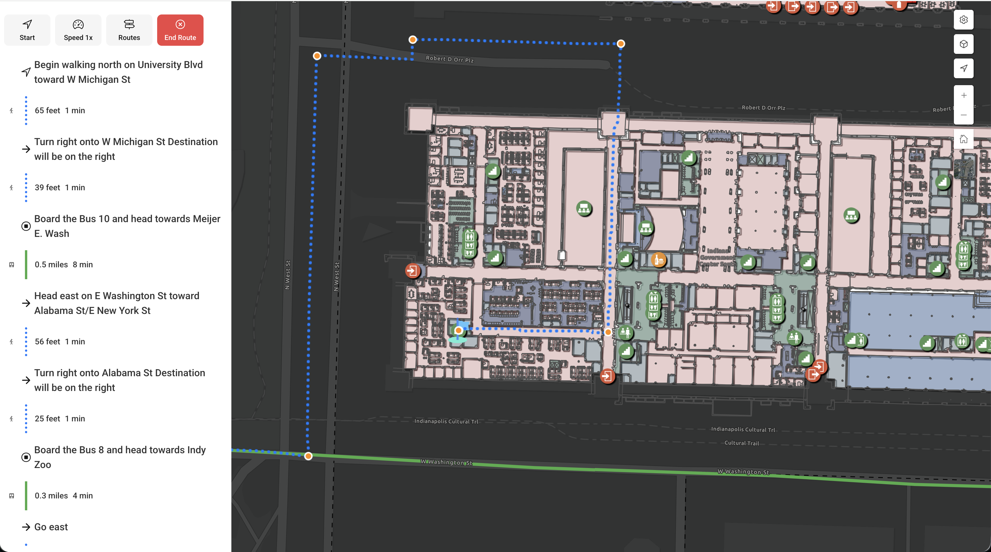 Wayfinder: The route continues indoors, drawn on the building floor plan