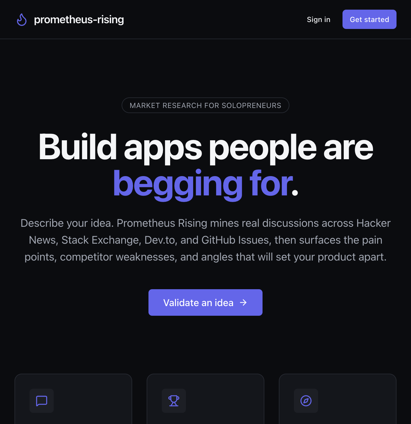 Prometheus Rising idea-validation dashboard mockup showing pain points, competitors, and trend signals